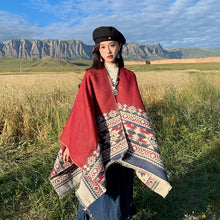 Load image into Gallery viewer, Tibetan Great Retro Totem Red Warm Outer Shawl Women&#39;s Scarf Autumn and Winter Cloak Big Cloak
