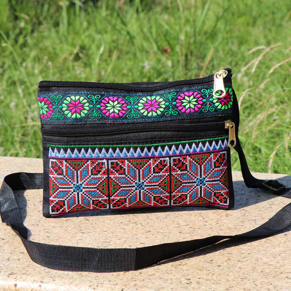 Ethnic Embroidery Single Shoulder Crossbody Bag Double Layer Zipper Bag