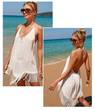 Load image into Gallery viewer, Seaside Vacation Pullover, Solid Color Suspender, Beach Sun Protection Suit, Backless Tassel Bikini Cover Up Dress
