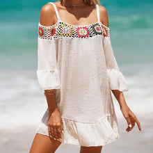 Load image into Gallery viewer, Holiday Suspenders Sun-protective Clothing Crocheted Lace Shoulder Dress Casual Short Solid Color Sunscreen Beach Skirt
