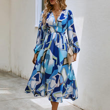 Load image into Gallery viewer, Bohemian Style New Spring and Autumn Deep V Print High Waisted Casual Long Sleeved Mid Length Dress
