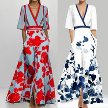 Load image into Gallery viewer, Women&#39;s Clothing New Fashion and Elegance Temperament V-neck Printed Lace-up Large Skirt Dress
