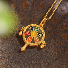 Load image into Gallery viewer, Ancient Gold Enamel Color Burned Blue and White Jade Six Characters Mantra Blessing Pendant Court Retro Women&#39;s Accessories
