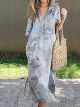 Load image into Gallery viewer, New Casual Summer Loose Skirt Slit V-neck Print Imitation Hemp Dress Cotton
