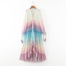 Load image into Gallery viewer, Women Deep V Long Sleeve Gradient Print Dress Long Skirt
