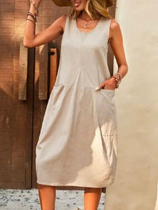 Casual Dress Cotton Linen Sleeveless Solid Amazon Loose U-neck Dress