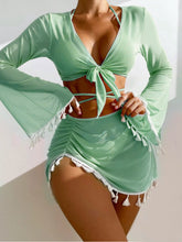 Load image into Gallery viewer, New Conservative Four Piece Set Solid Color Tassel Top, Mesh Short Skirt, Bikini for Women
