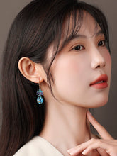 Load image into Gallery viewer, Cloisonne Earrings, Antique Blue Flower Earrings, with Cheongsam Sterling Silver Earrings
