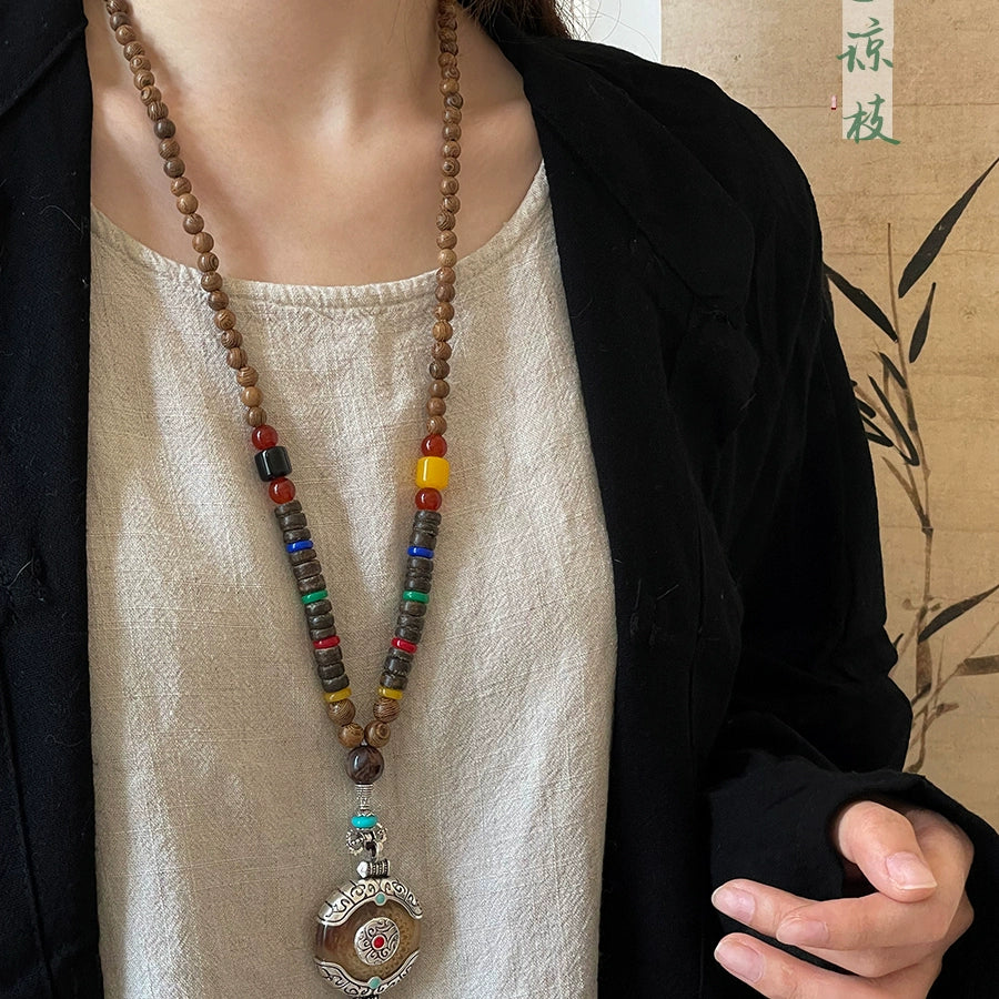 Ethnic Wood Buddha Bead Necklace Women's Tibetan Zen Retro Old Long Pendant Sweater Chain