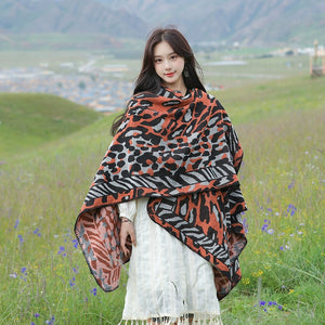 Tibetan Great Retro Totem Red Warm Outer Shawl Women's Scarf Autumn and Winter Cloak Big Cloak