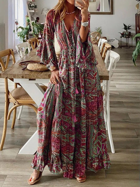 Bohemian Style Bell Sleeve Print V-neck High-waisted Resort Dress Floral Women's Dress