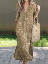 Load image into Gallery viewer, New Casual Summer Loose Skirt Slit V-neck Print Imitation Hemp Dress Cotton

