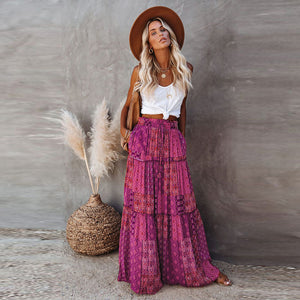 New Bohemian Style Skirt, Loose Fitting Casual High Waisted Long Skirt