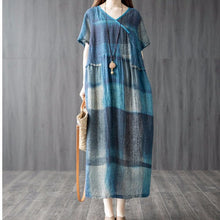 Load image into Gallery viewer, Summer New Literary and Artistic Fan Vintage Loose Plus-size Women&#39;s Cotton and Linen Panels Plaid Thin Dress
