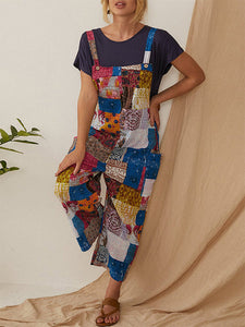 Women's Clothing Bohemian Character Print Suspenders Jumpsuit