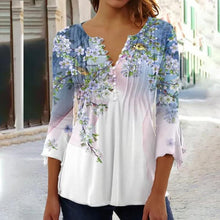 Load image into Gallery viewer, Spring and Summer Fashion New Women&#39;s Clothing Floral Printing V-neck Short-sleeved Pleated Button-up T-shirt Bottoming Shirt
