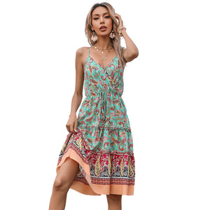 Bohemian Summer New Ethnic Floral Dress with Peach Heart Neck Strap Dress for Women