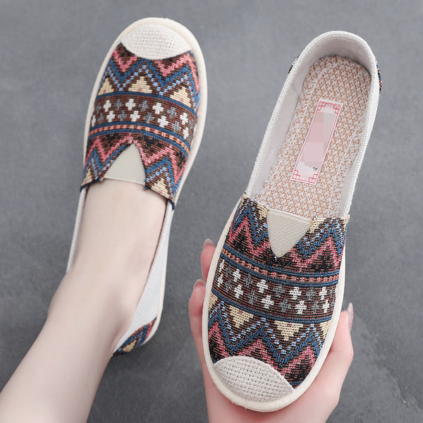 Ethnic Stripe Cloth Shoes Breathable Flat Sole Women's Single Shoes with One Step Lazy Canvas Shoes