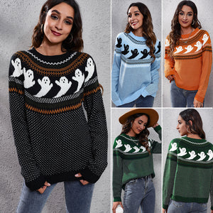 Halloween Ghost Vintage Polka Dot Long Sleeve Knitted Sweater Women's Loose Wear