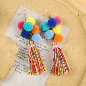 Ethnic Style Plush Ball Earrings Vintage Bohemian Long Personalized Colorful Plush Ball Earrings Holiday Tassel Earrings