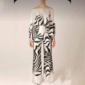2025 Spring New Suit Printed Round Neck Loose Bat Sleeve Waist Wide Leg Pants Fashion Suit