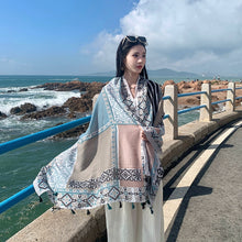 Load image into Gallery viewer, Fresh Green Ethnic Style Silk Scarf Women&#39;s Summer Sunscreen Dual-purpose Large Shawl Beach Towel Thin Cotton and Linen Scarf Yarn
