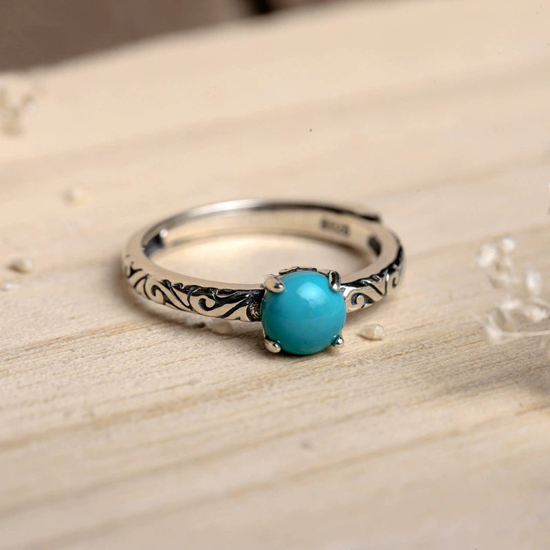 Retro-styled S925 Silver Exquisite Ring Female Opening Carved National Turquoise Tide Jewelry