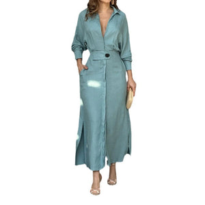 New Temperament Commuter Tie Solid Color Waist Long Sleeve Irregular Shirt Dress