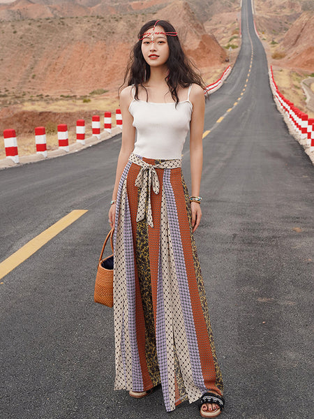 Bohemian ethnic wind and snow spinning split wide leg vacation beach pants summer high waisted pants