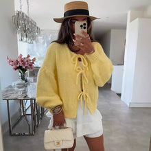 Load image into Gallery viewer, Crew Neck Lace-up Knitted Cardigan Jacket Autumn and Winter New Solid Color Commuting Simple Sweater Women
