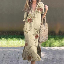 Load image into Gallery viewer, New Casual Summer Loose Skirt Slit V-neck Print Imitation Hemp Dress Cotton
