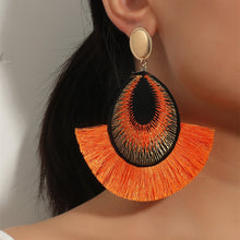 Load image into Gallery viewer, Bohemian peacock feather tassels exaggerated long earrings
