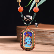 Load image into Gallery viewer, New Intangible Cultural Heritage Gem Painting Thangka Pendant God of Wealth Zakiram Hand-painted Thangka Leather Shell Pendant Single Pendant
