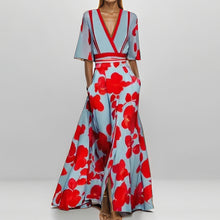 Load image into Gallery viewer, Women&#39;s Clothing New Fashion and Elegance Temperament V-neck Printed Lace-up Large Skirt Dress
