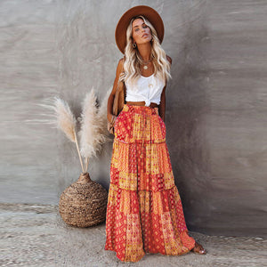 New Bohemian Style Skirt, Loose Fitting Casual High Waisted Long Skirt