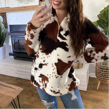 Load image into Gallery viewer, New Autumn and Winter Leisure Fashion Plush Coat Female Cow Printed Zipper Sweater
