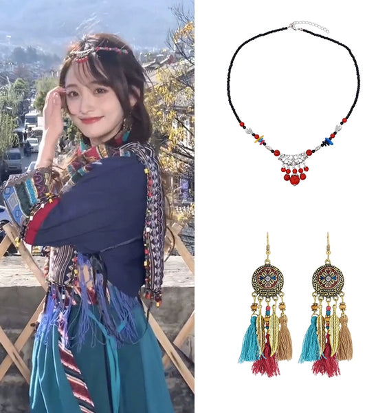 Ethnic Style Tibetan Headwear, Forehead Chain, Turquoise Tassel, Earrings, Hair Accessories