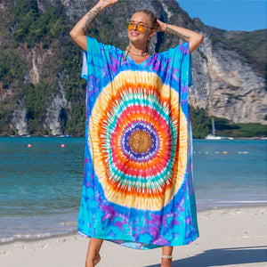 Hot Cotton Watermark Printed Beach Cover Up Robe Style Beach Vacation Sun Protection Bikini Cover Up