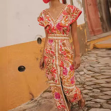 Load image into Gallery viewer, New V-neck Feifei Sleeve Split Dress High Waist Backless Long Dress Celebrity Style
