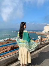 Load image into Gallery viewer, Fresh Green Ethnic Style Silk Scarf Women&#39;s Summer Sunscreen Dual-purpose Large Shawl Beach Towel Thin Cotton and Linen Scarf Yarn
