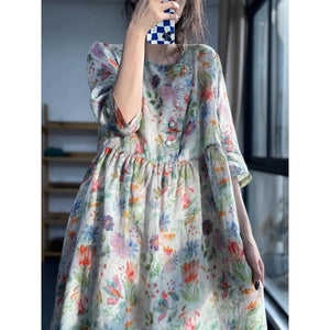 Summer Printing Unique and Unique Skirt Round Neck Forest Cotton Linen Imitation Ramie Fragmented Flower Dress