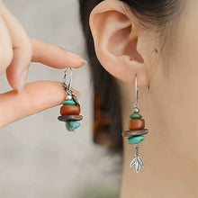 Load image into Gallery viewer, 925 Silver New Tibetan Retro Turquoise Asymmetrical Earrings Beeswax Ear Hooks Female Bamboo Leaf Agarwood High Sense Versatile
