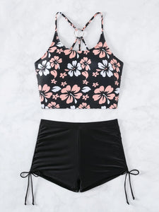 Printed Flower Tankini Set  Girl Swimwear Adjustable Strap Vest Bra Female Flower Shorts Bikini Drawstring Women Beach Set