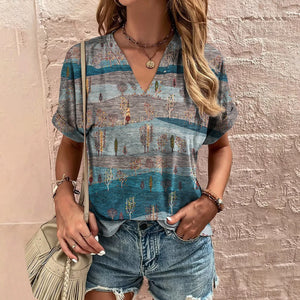 Retro Women's T-Shirt Summer V-Neck Short Sleeve Tee Casual Harajuku Stripe Print T Shirt for Women Streetwear Pullover Tops New