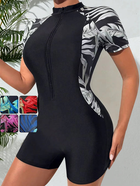 One Piece Floral Swimwear Swim Suit Women Short Sleeve Swimsuit Zip Front Tropical Plant Surfing Sun Protection（No built-in bra）