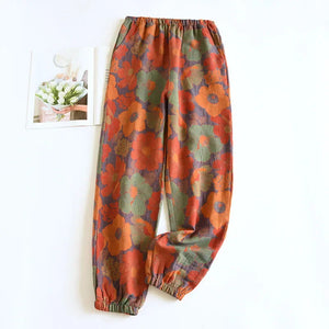 2025 New Spring Summer Women's Pajamas 100% Cotton Crepe Pants Women's Comfortable Loose Large Leaf Home Pants Thin bottoms