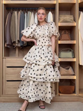 Load image into Gallery viewer, Chic Puffy Layered Ruffles Polka Dot Print Skirt Sets Women Elegant O-neck Bubble Short Sleeve Tops Suit lady Evening Partywear
