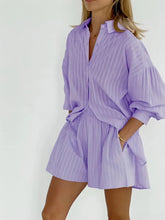 Load image into Gallery viewer, 2024 Spring Summer Solid Cotton Short Two Piece Set Women Stripe Long Sleeve Shirts Shorts 2 Piece Sets Simple Style Lady Suit
