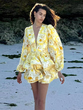 Load image into Gallery viewer, Elegant Print Ruffles Mini Dress Women Deep V Neck Long Sleeves A Line Dresses Female 2025 Spring New Fashion Fluffy Robe Lady
