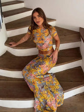 Load image into Gallery viewer, Elegant Flower Print Short Sleeve Shirt Long Skirt Set Women Bodycon O-neck Tops Skirt 2025 New Vocation Beach Street Outfit
